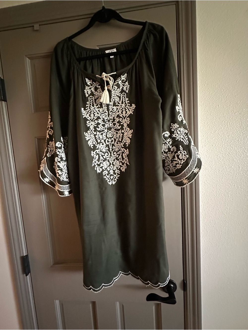Olive Green Embroidered Boho Long-Bell Sleeve Dress plus size 2x